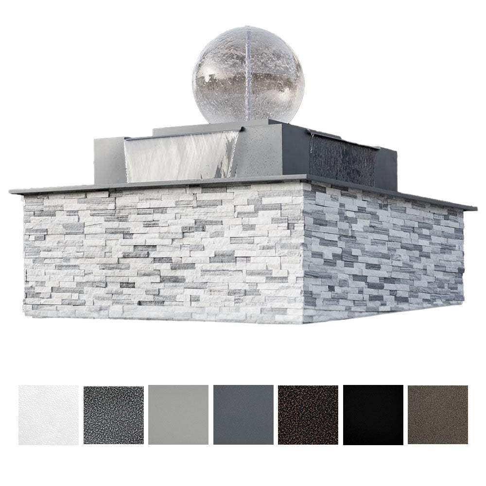 Square steel fire and water bowl with gray stone-look sides and silver sphere top