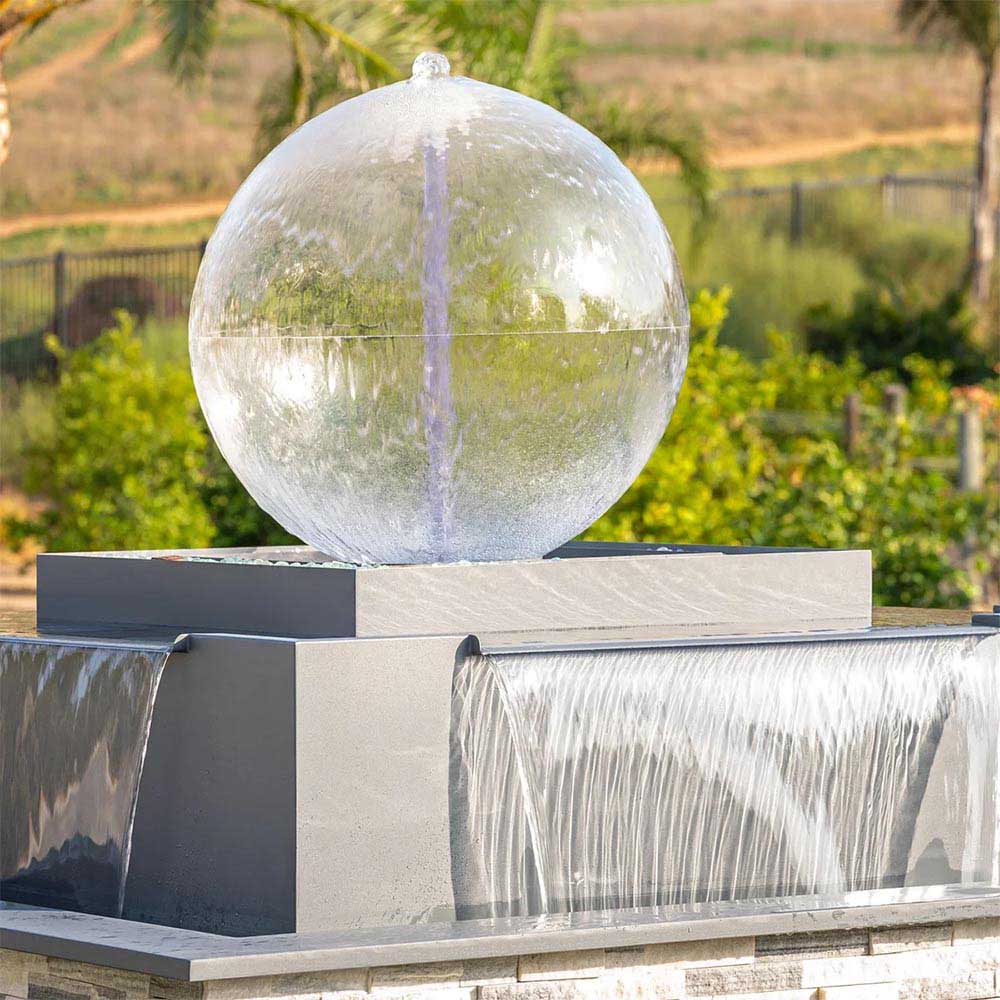 Square steel fire and water bowl with water sheet spill and silver sphere centerpiece