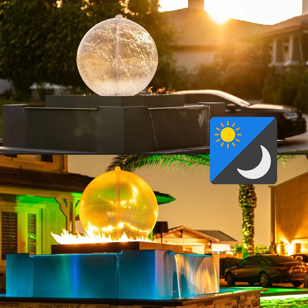 Square steel fire and water bowl with flames and blue-lit water in the basin
