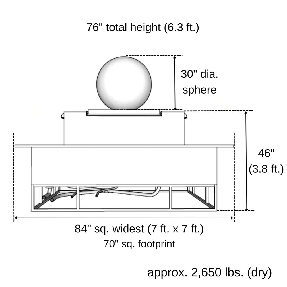 Dimension diagram of 84-inch square fire and water bowl with 30-inch sphere