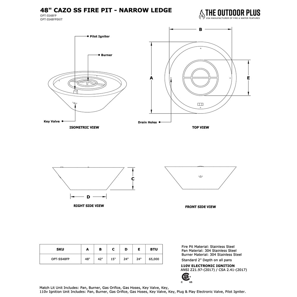 TOP Fires by The Outdoor Plus Cazo 48-Inch Round Stainless Steel Gas Fire Pit