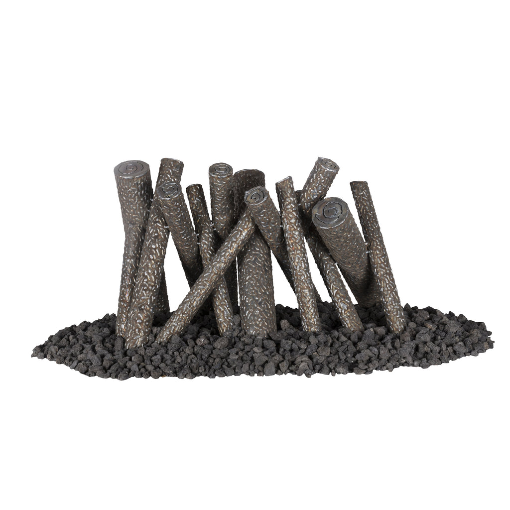 Steel upright log set with dark gray textured cylinders in black gravel base