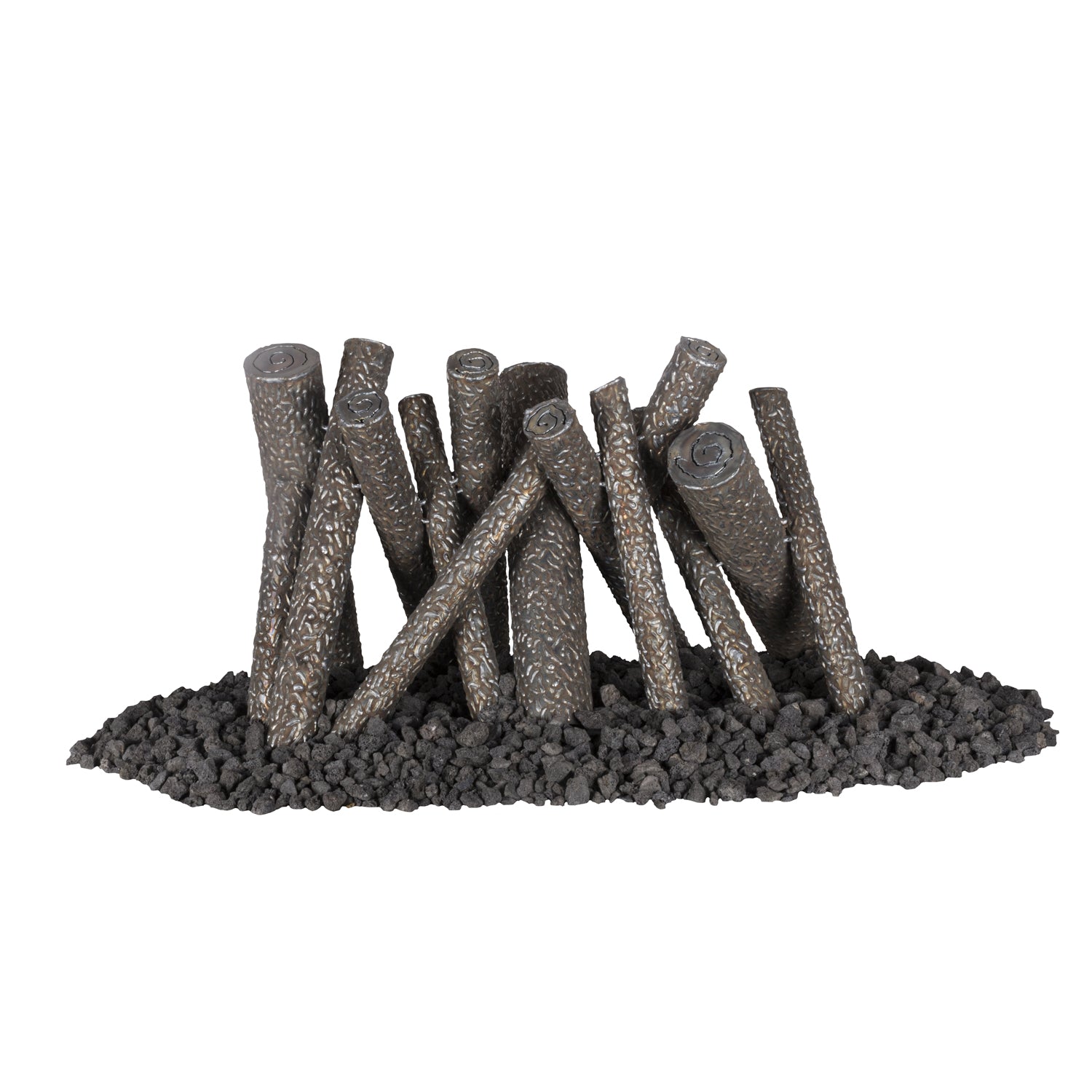 Steel upright log set with dark gray textured cylinders in black gravel base
