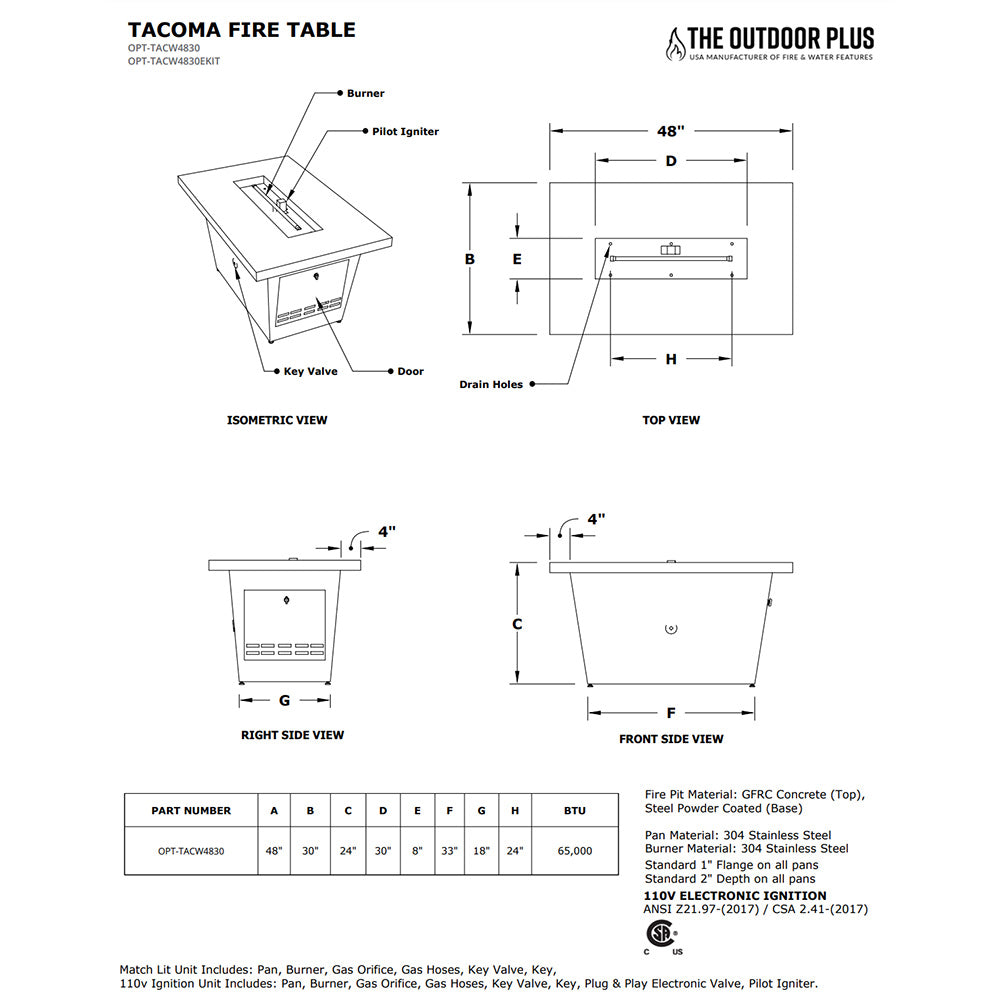 Line diagram of a gas fire pit table showing burner parts and dimension views