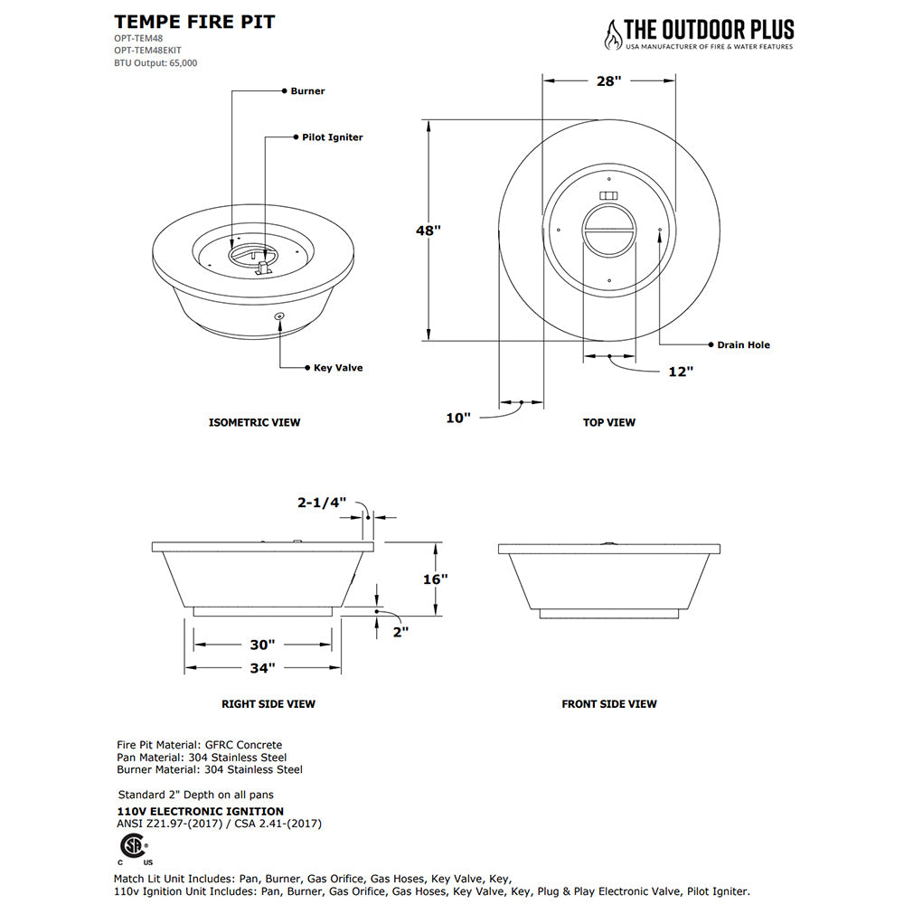 TOP Fires by The Outdoor Plus Tempe 48-Inch Round Concrete Gas Fire Pit