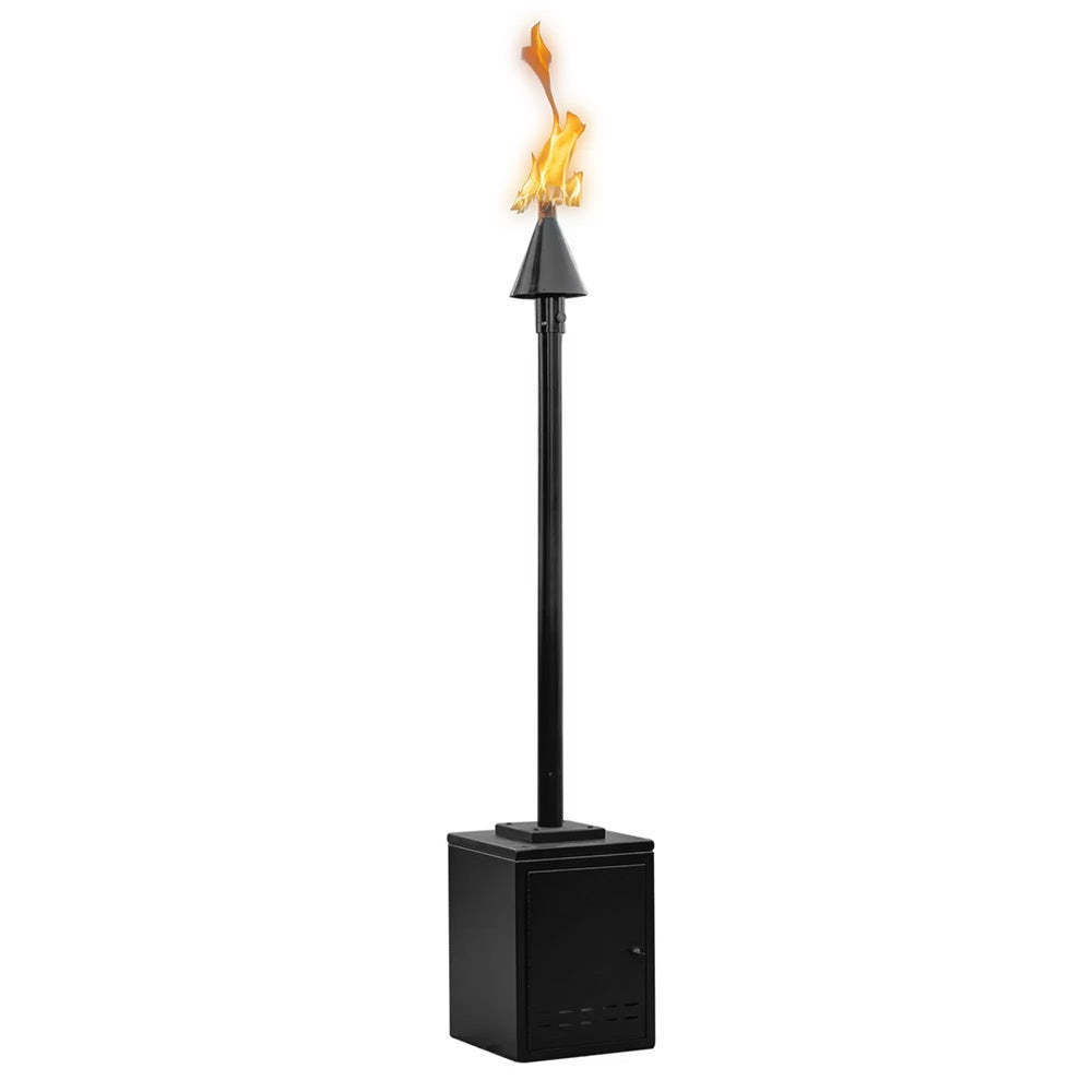 Black outdoor cone torch with flame and rectangular base