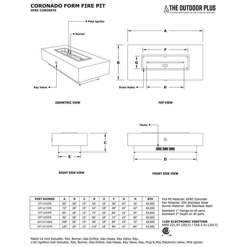 The Outdoor Plus OPT-UC108PB Ready-to-Finish Coronado Rectangle Fire Pit Kit, 108x28-Inch
