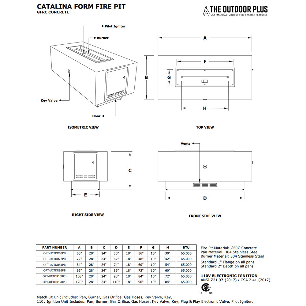 The Outdoor Plus OPT-UCTDR60PB Ready-to-Finish Catalina Rectangle Fire Pit Kit, 60x36-Inch