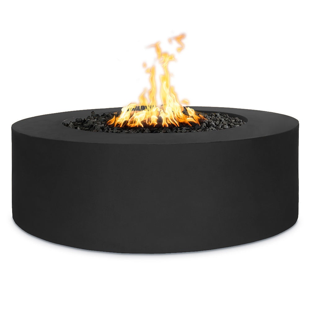 Round gas fire pit, black powder-coated steel with flames in center