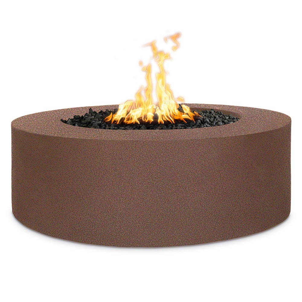 Round steel gas fire pit with flame, brown powder-coated body with black burner rocks