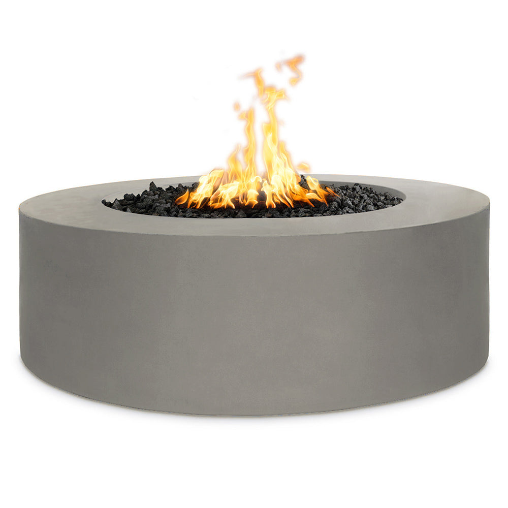 Round gas fire pit with light gray powder-coated steel body and flames in center