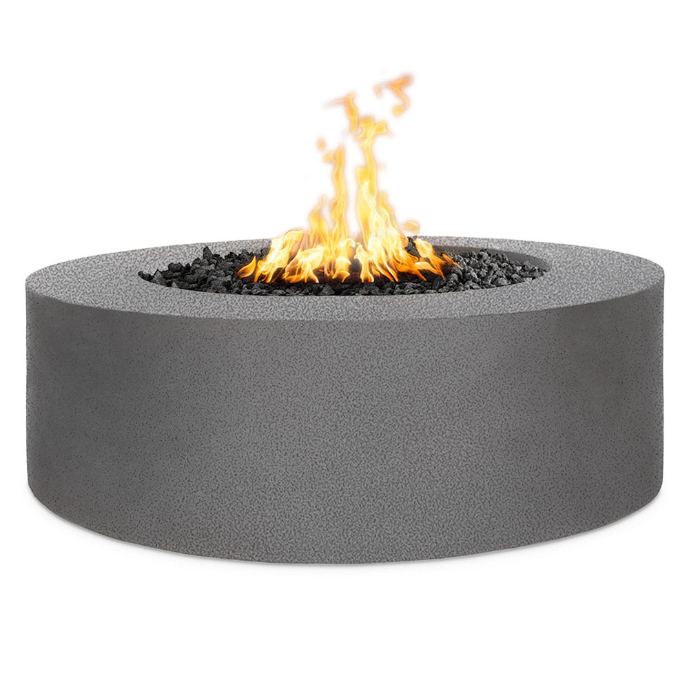 Gray round gas fire pit with flames and black lava rocks in powder-coated steel bowl