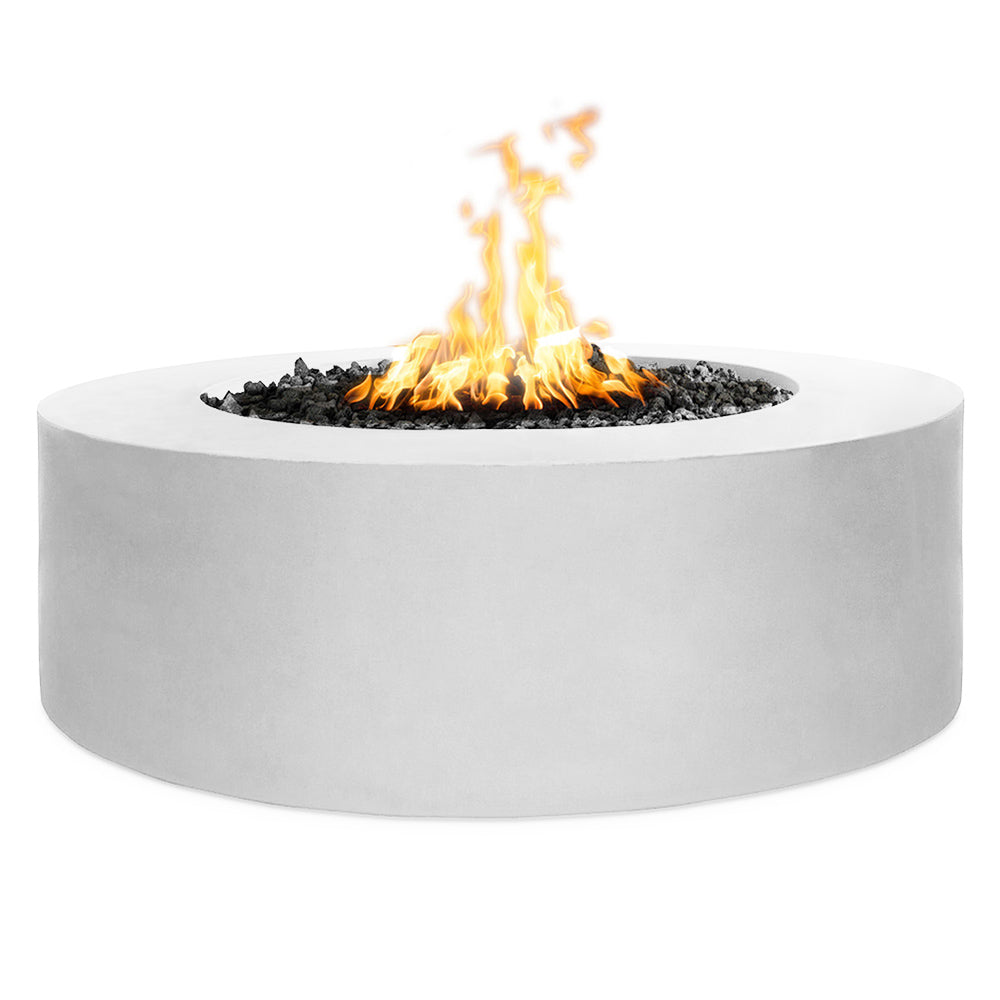 Round gas fire pit, white powder-coated steel with flames in center