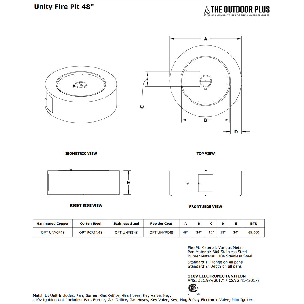 TOP Fires by The Outdoor Unity 48x24-Inch Round Corten Steel Gas Fire Pit