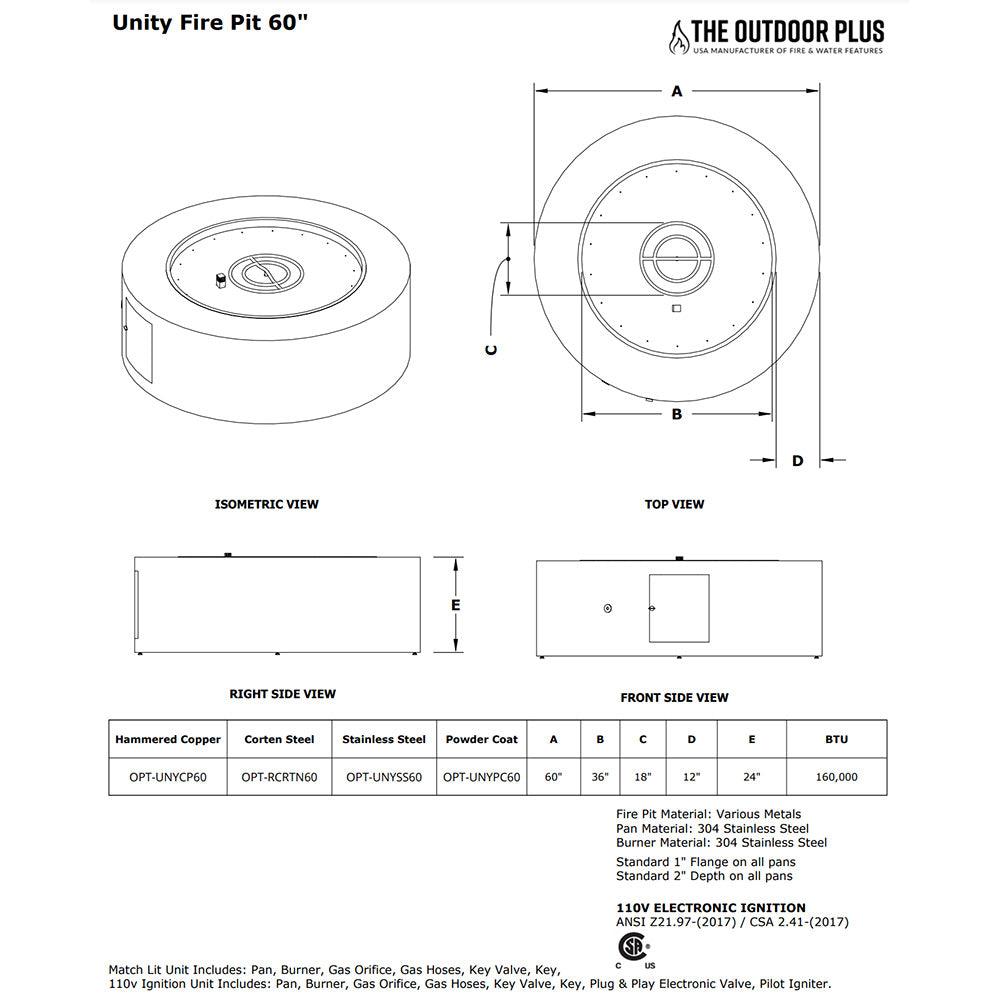 TOP Fires by The Outdoor Unity 60x24-Inch Round Corten Steel Gas Fire Pit