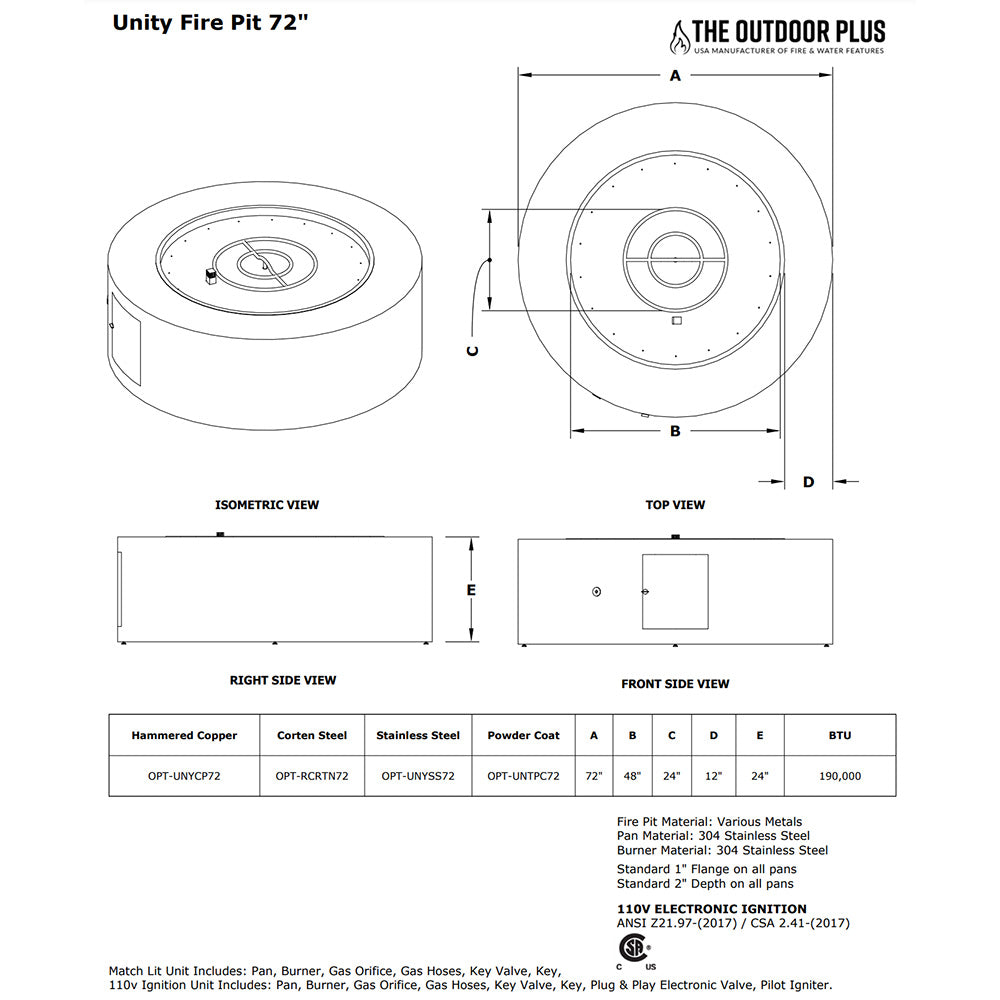 TOP Fires by The Outdoor Unity 72x24-Inch Round Powder Coated Steel Gas Fire Pit