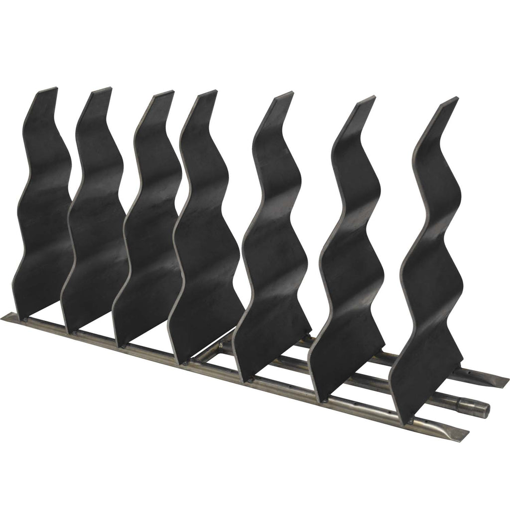 Black steel fireplace wave flame guards on a metal base, set of panels