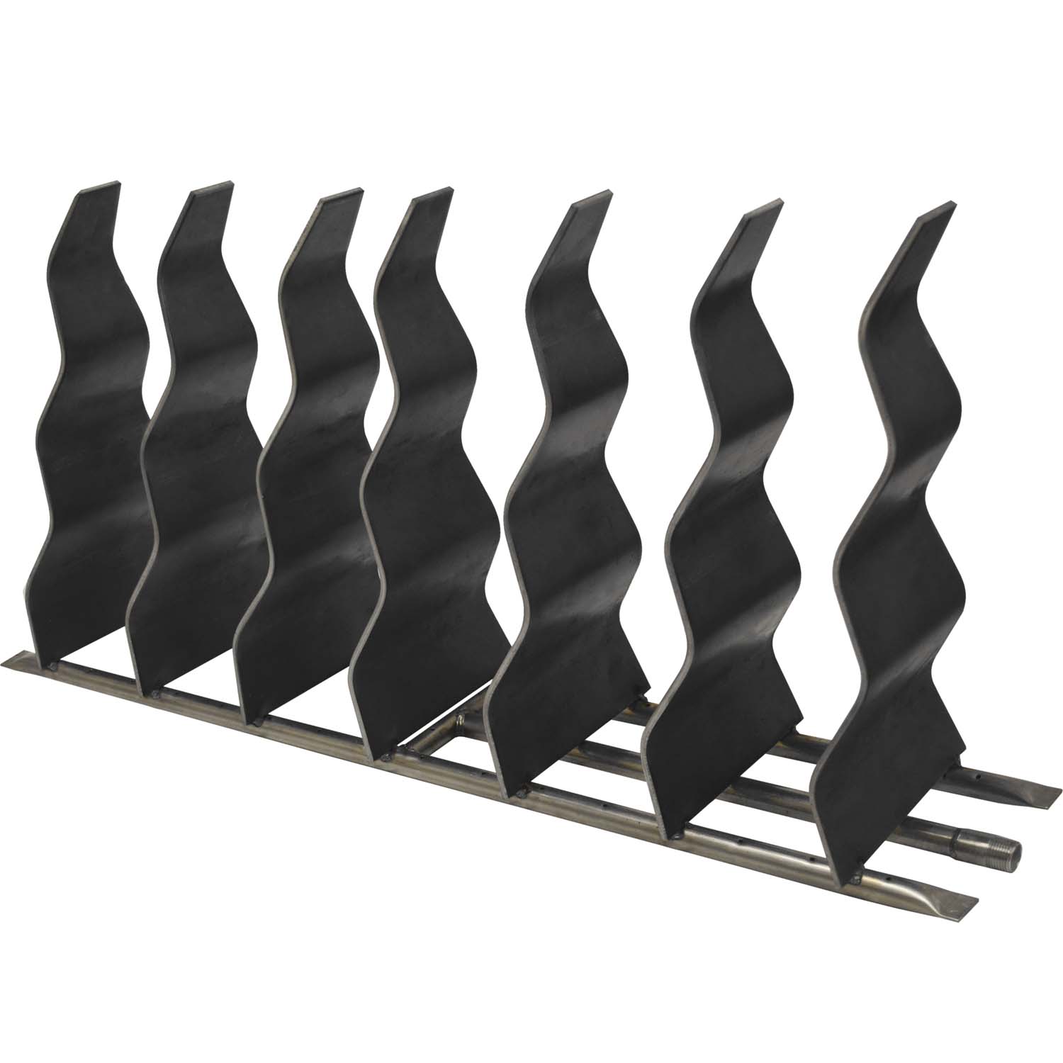 Black steel fireplace wave flame guards on a metal base, set of panels