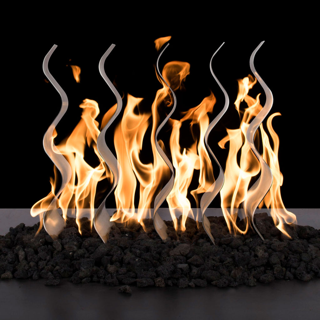 Stainless steel wave fireplace showing flames rising behind curved metal panels