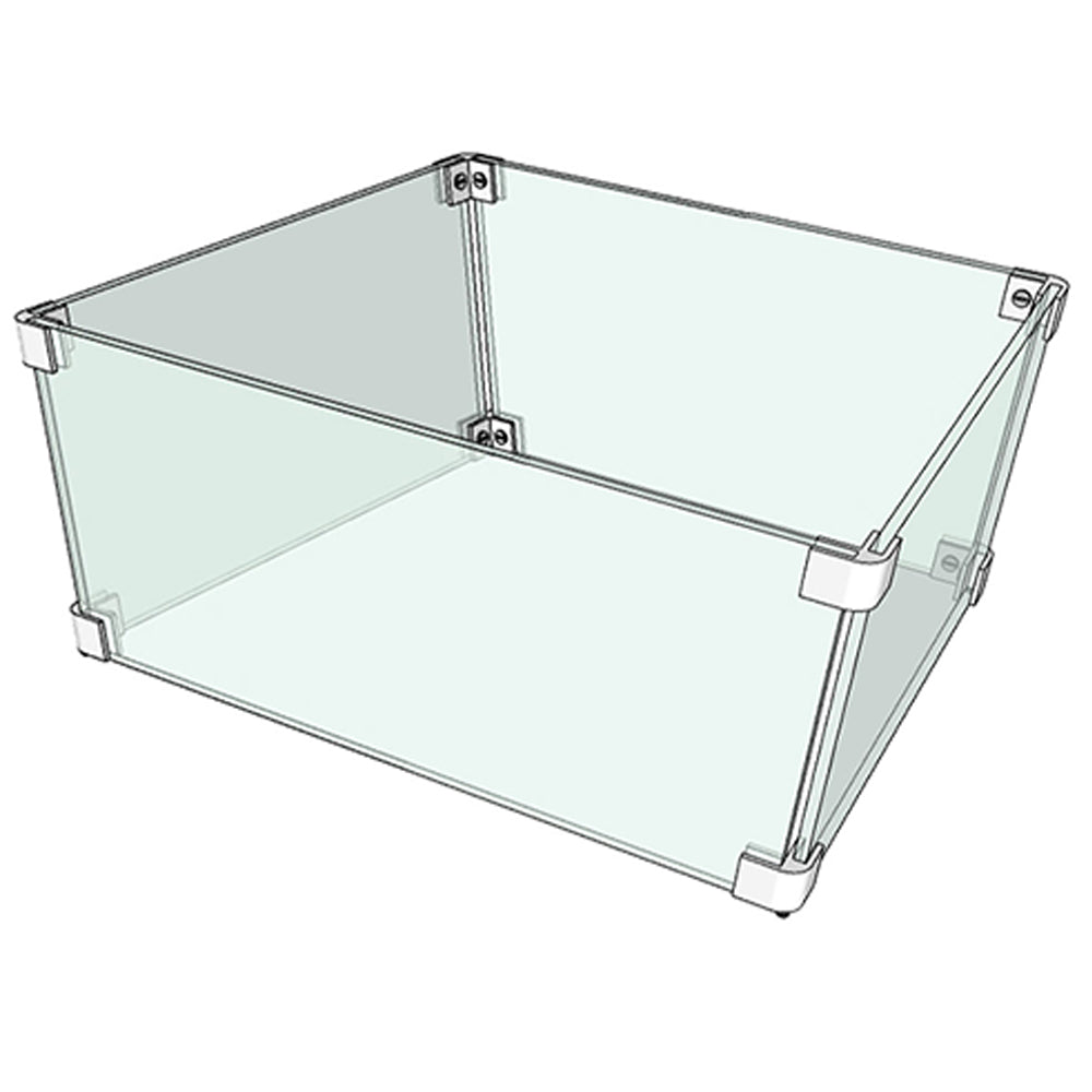 Square tempered glass wind guard with clear glass panels and metal frame