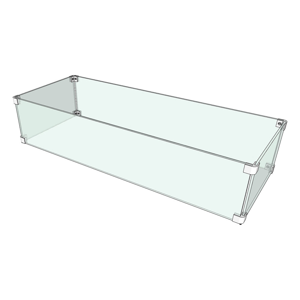 Rectangular tempered glass wind guard with clear panel and metal support frame