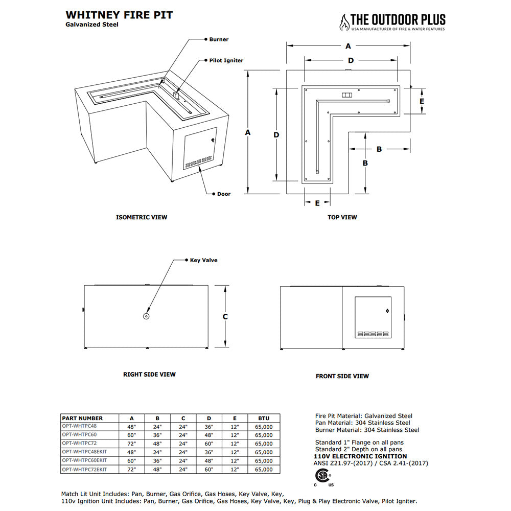 TOP Fires by The Outdoor Plus Whitney 60x24-Inch L-Shaped Powder Coated Steel Gas Fire Pit