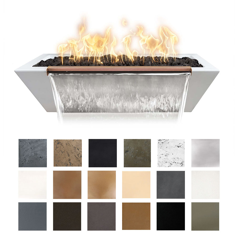 Linear concrete fire and water bowl with flames and multiple finish color swatches