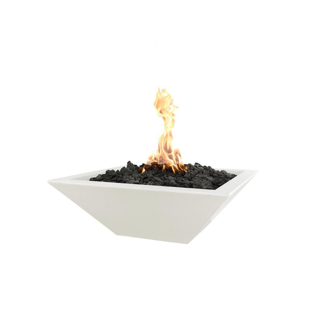 Square concrete gas fire bowl with white smooth finish and flames over dark rocks