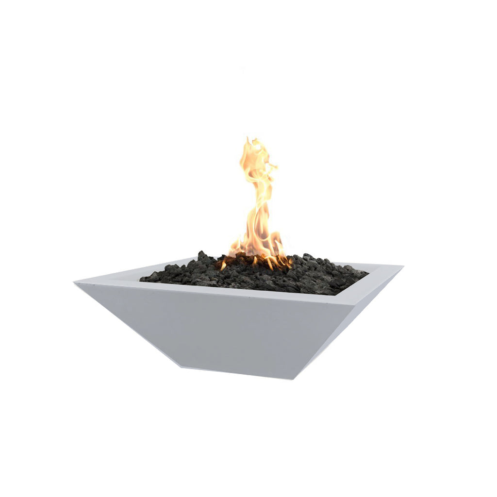 Square concrete gas fire bowl with light gray smooth finish and flames over rocks