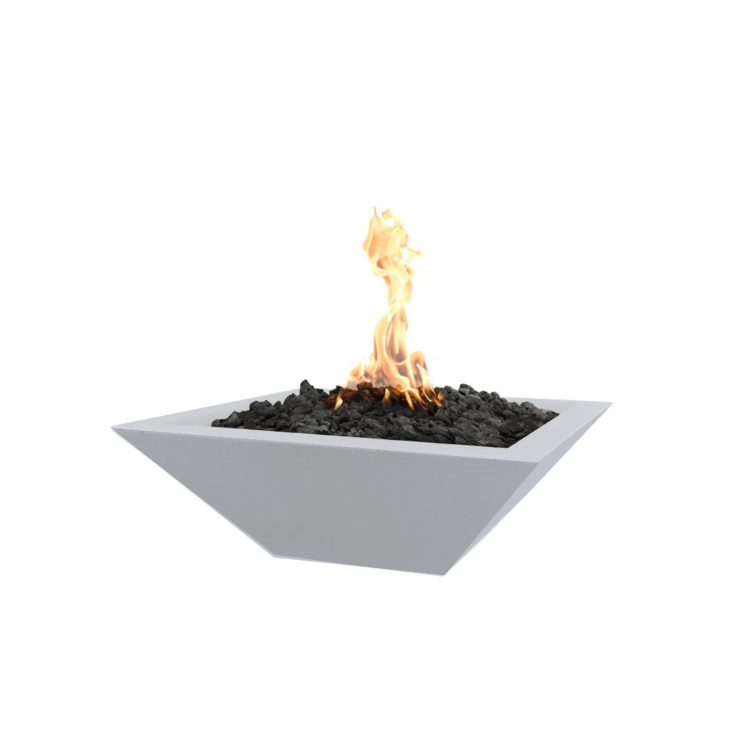 Square concrete gas fire bowl with light gray smooth finish and flames over rocks
