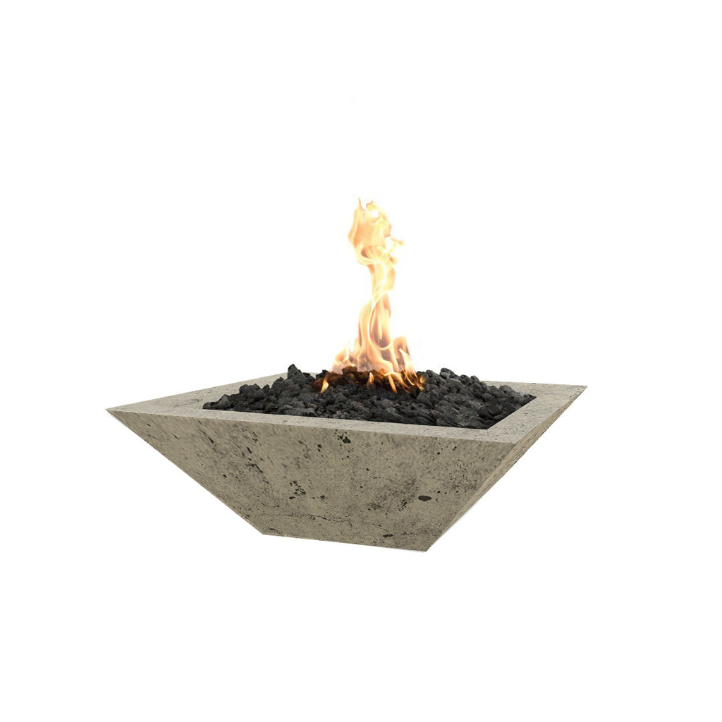 Square concrete gas fire bowl in light speckled gray with flames over dark rocks