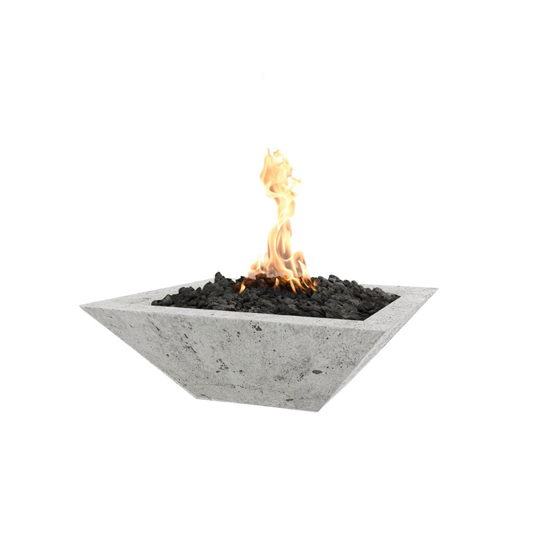 Square concrete gas fire bowl in light speckled gray with steady flames rising