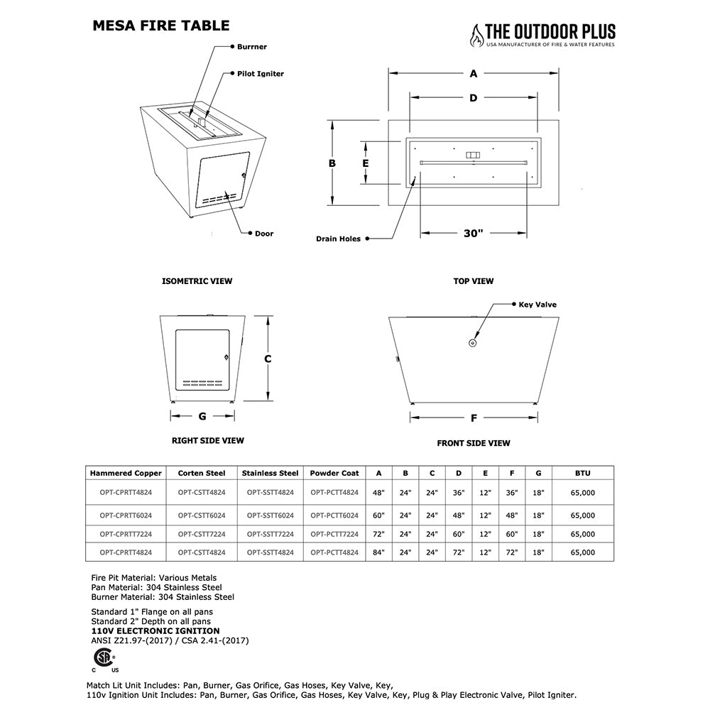 TOP Fires by The Outdoor Plus Mesa 72x24-Inch Linear Powder Coated Steel Gas Fire Pit