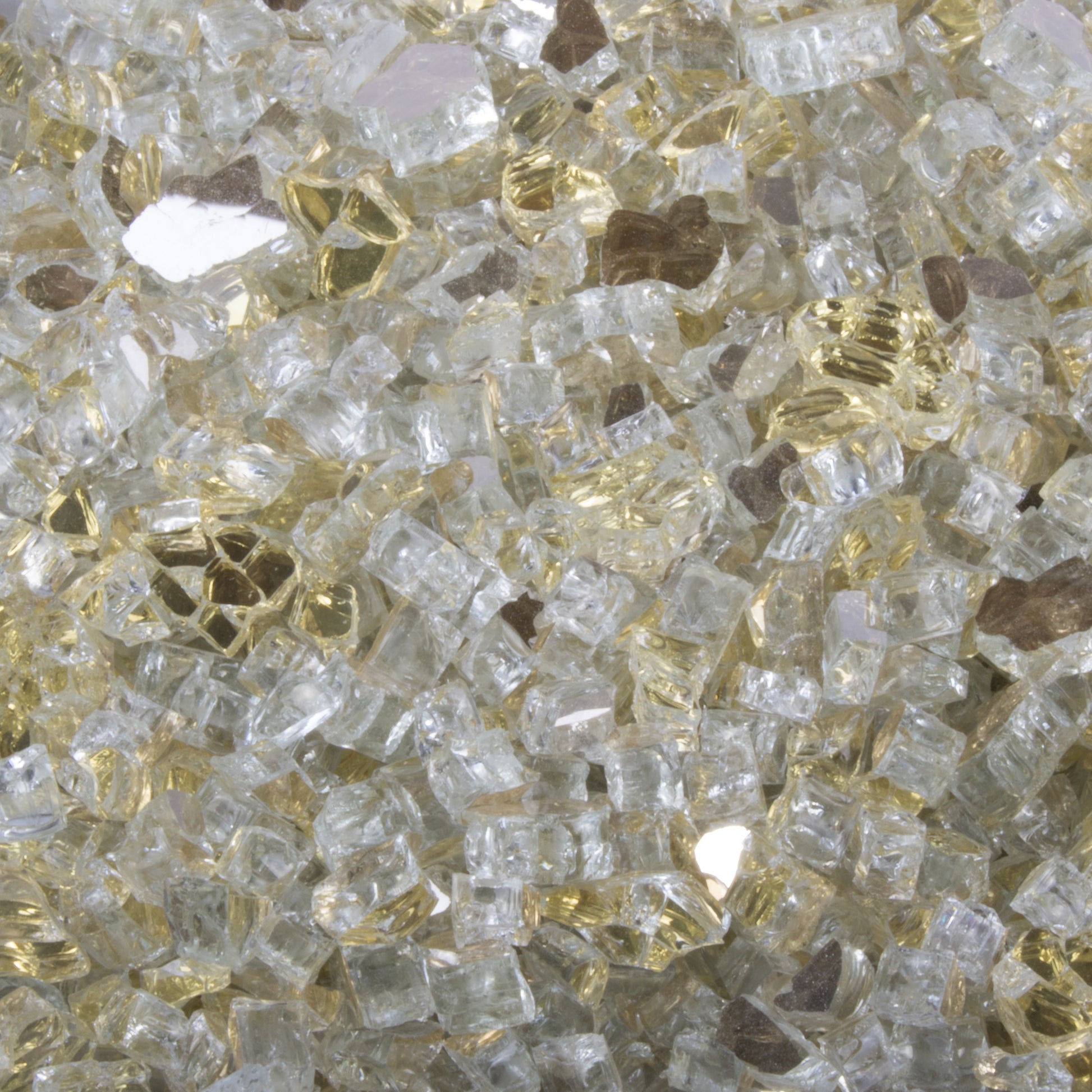 Reflective fire glass, clear and gold crushed glass for fire features