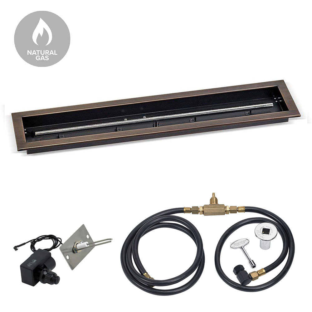 Natural gas fire pit burner kit with oil-rubbed bronze trough pan and connected hoses
