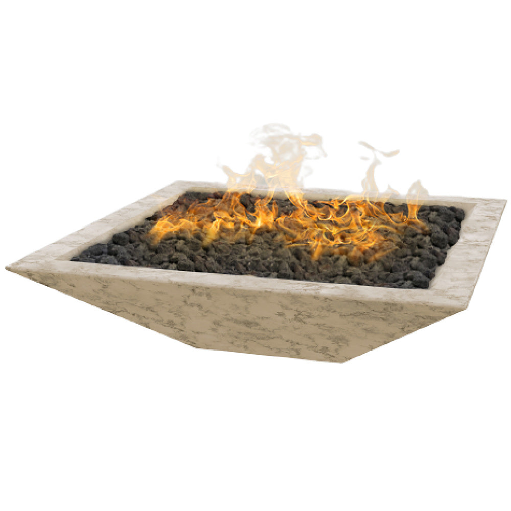 Oblique 24-inch fire bowl with burning flames and dark fire media inside