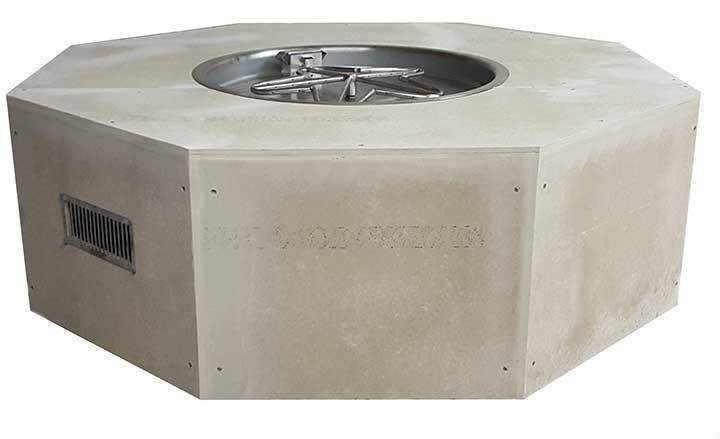 Unfinished octagon fire pit enclosure with circular burner opening on top, light gray
