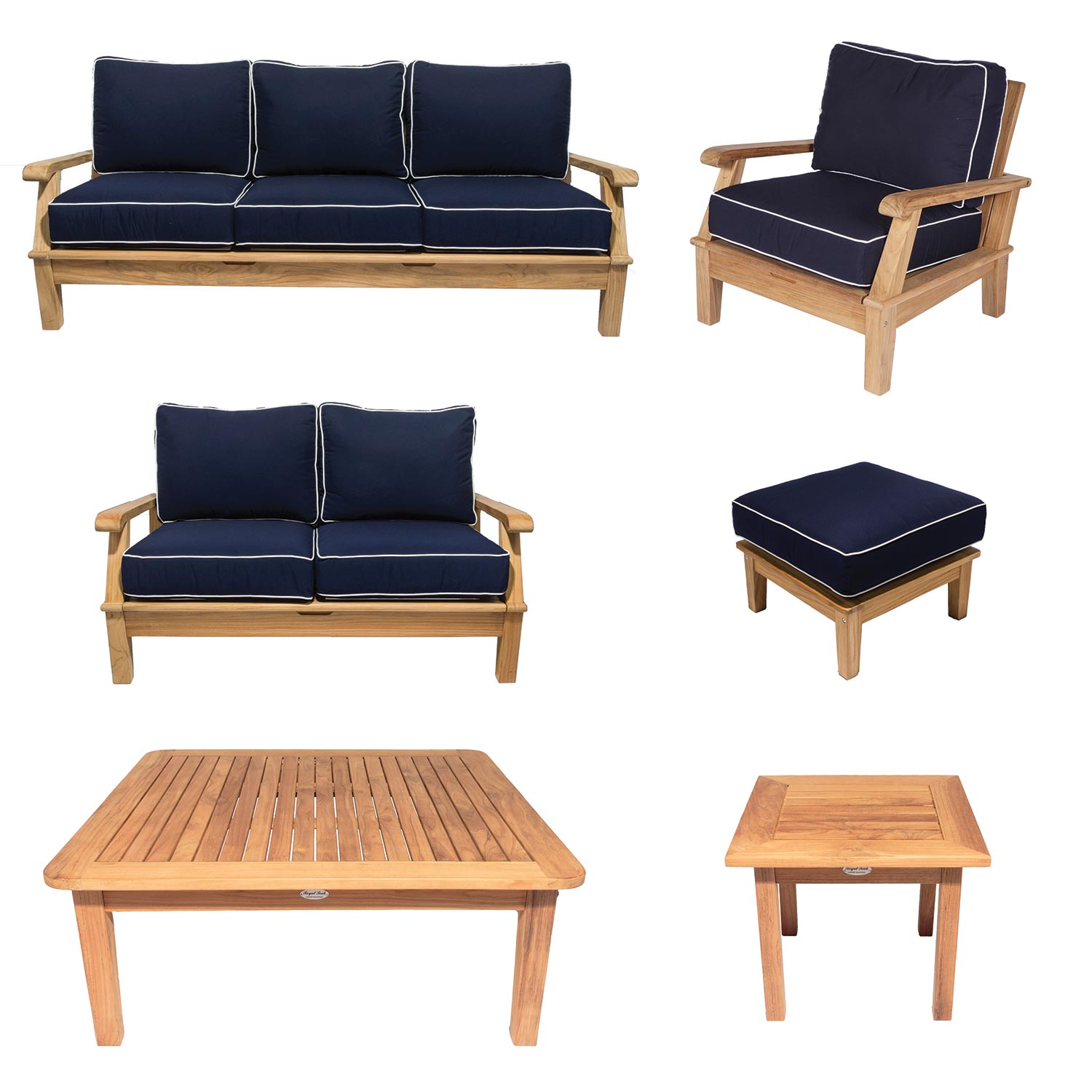 Royal Teak Collection P103 Miami Deep Seating 6-Piece Teak Patio Conversation Set with Seating, Square Coffee Table, Square Side Table & Sunbrella Cushions