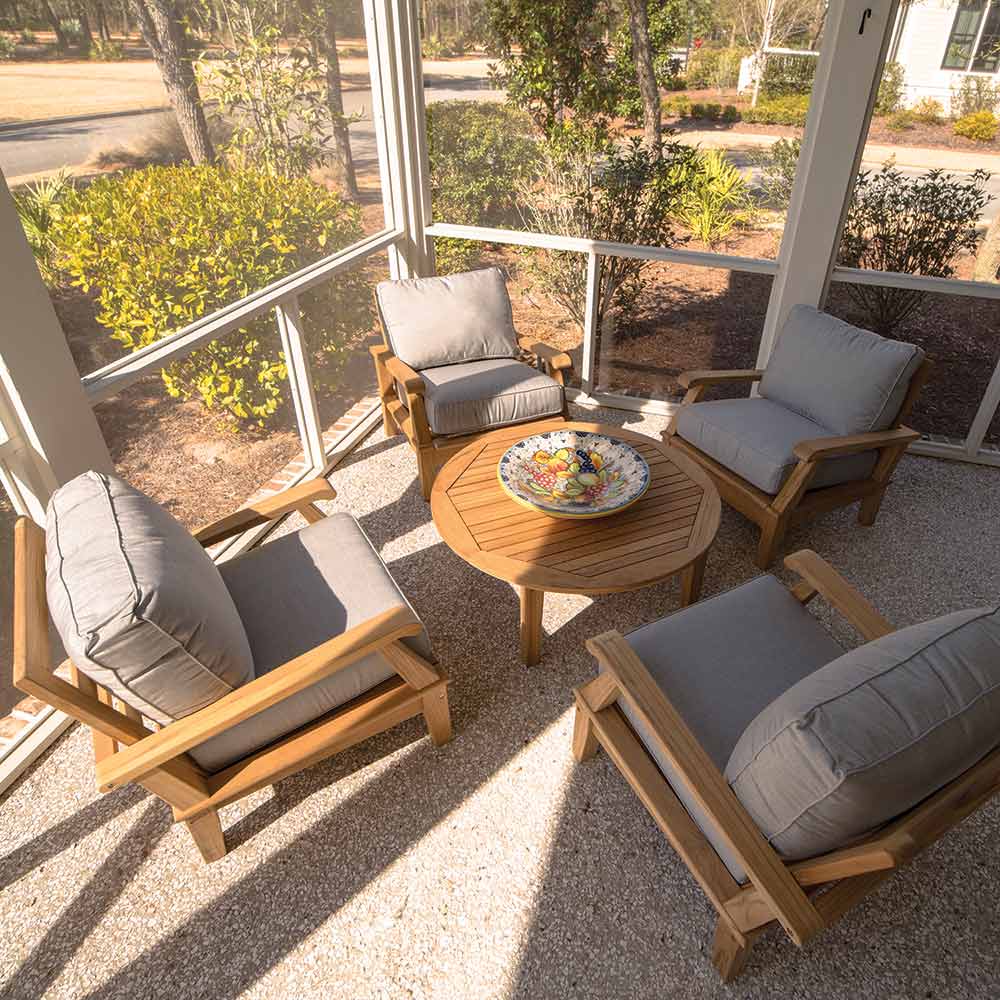 Royal Teak Collection P109 Miami Deep Seating 5-Piece Teak Patio Conversation Set with Chairs, Round Coffee Table & Sunbrella Cushions
