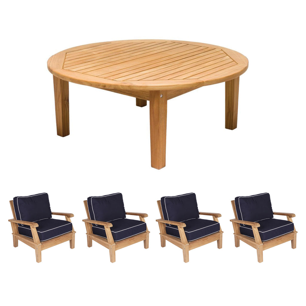 Royal Teak Collection P109 Miami Deep Seating 5-Piece Teak Patio Conversation Set with Chairs, Round Coffee Table & Sunbrella Cushions