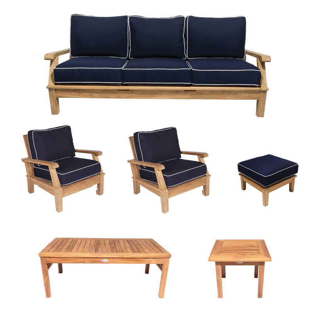 Royal Teak Collection P112 Miami Deep Seating 6-Piece Teak Patio Conversation Set with Seating, Rectangular Coffee Table, Square Side Table & Sunbrella Cushions