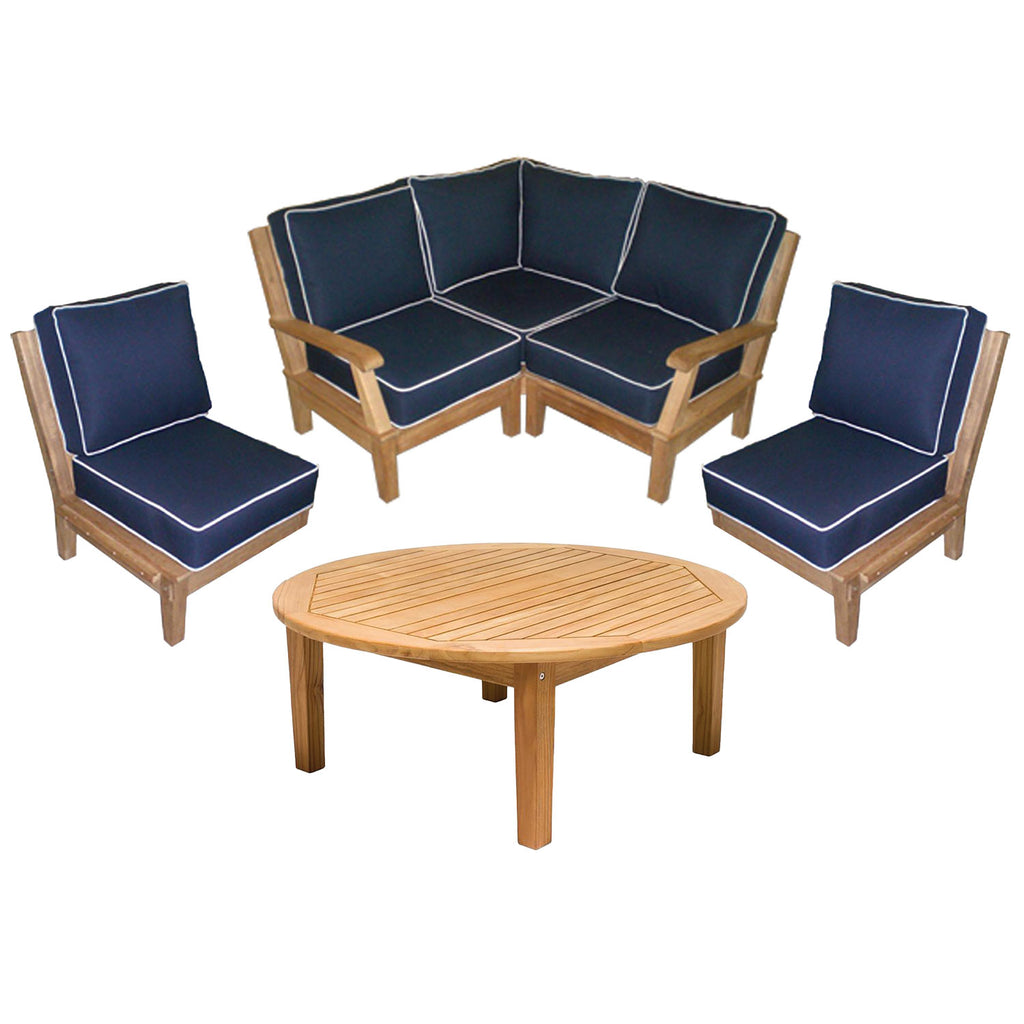 Royal Teak Collection P117 Miami Deep Seating 4-Piece Teak Patio Conversation Set with Sectional Seating, Round Coffee Table & Sunbrella Cushions