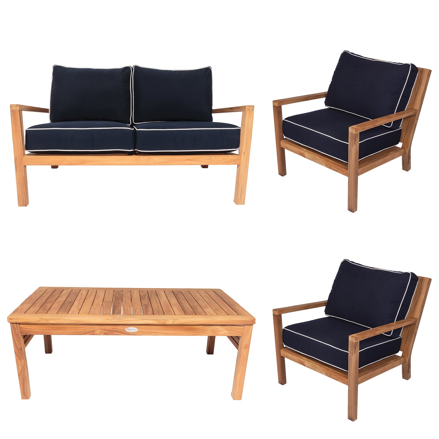 Royal Teak Collection P125 Coastal Deep Seating 4-Piece Teak Patio Conversation Set with Seating, Rectangular Coffee Table & Sunbrella Cushions