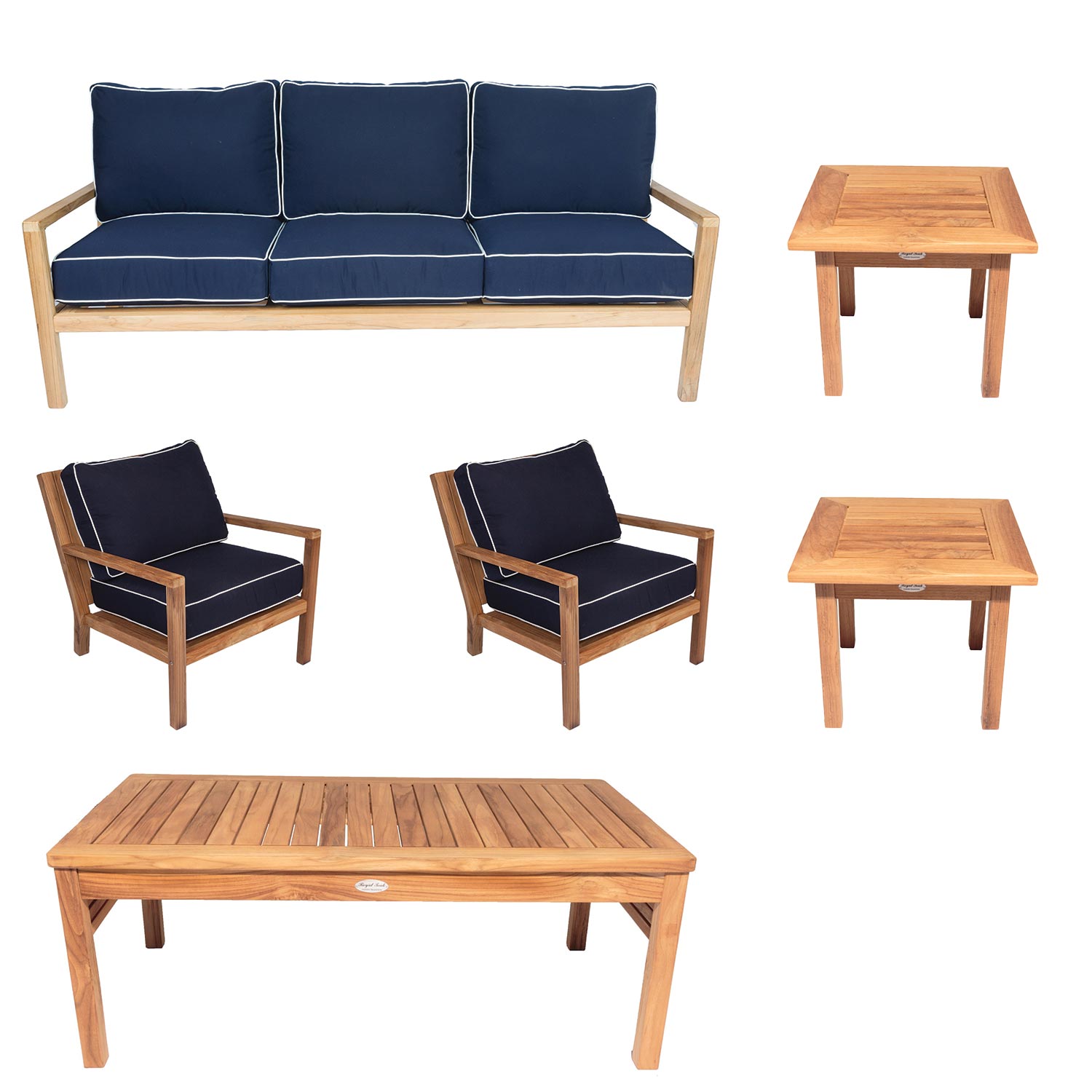 Royal Teak Collection P121 Coastal Deep Seating 6-Piece Teak Patio Conversation Set with Seating, Rectangular Coffee Table, Square Side Tables & Sunbrella Cushions