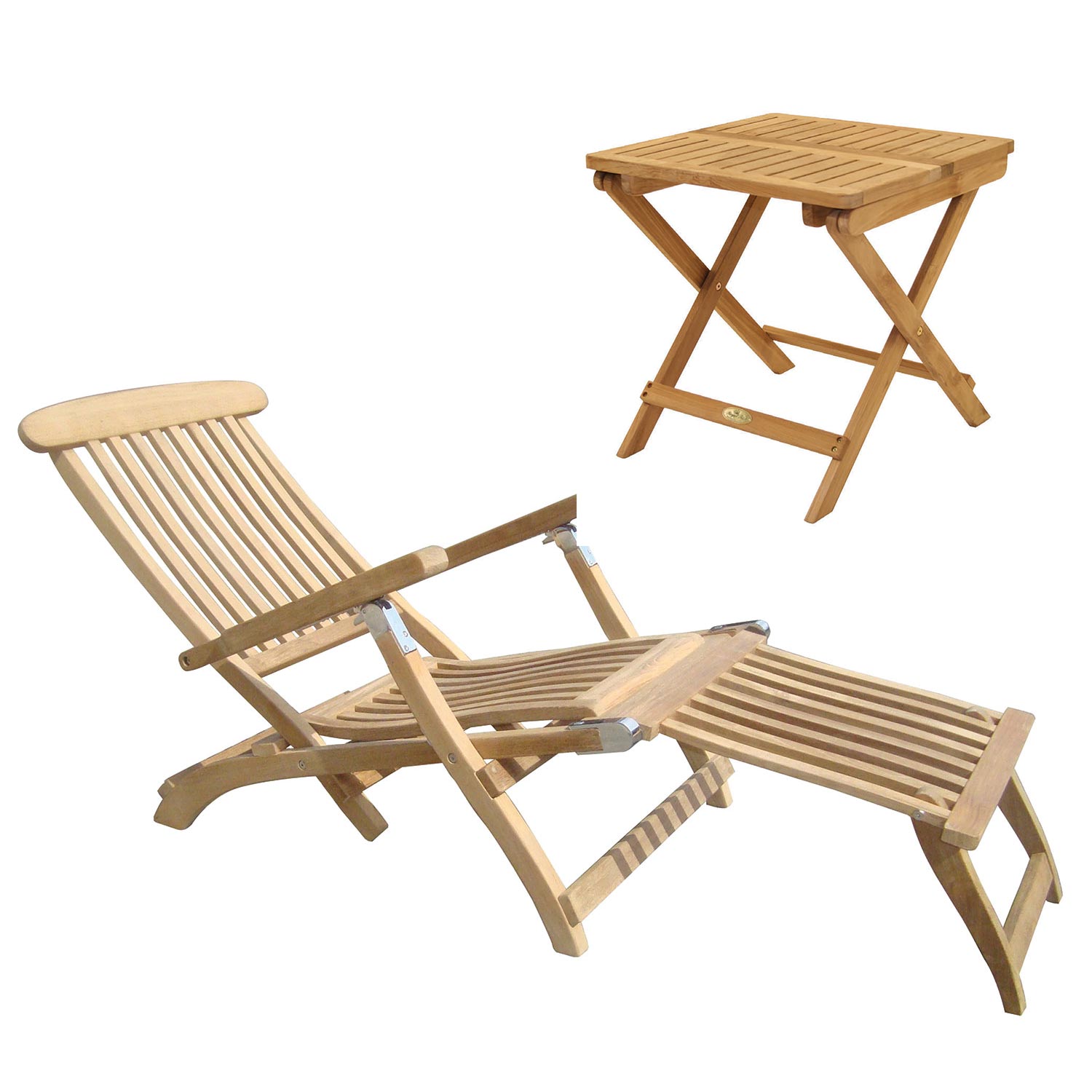 Royal Teak Collection P133 2-Piece Teak Patio Conversation Set with Steamer Lounger & 20-Inch Square Folding Picnic Table