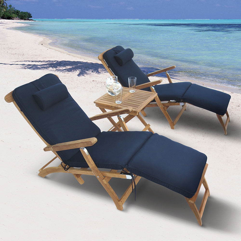 Royal Teak Collection P136 3-Piece Teak Patio Conversation Set with Steamer Loungers & 20-Inch Square Folding Picnic Table