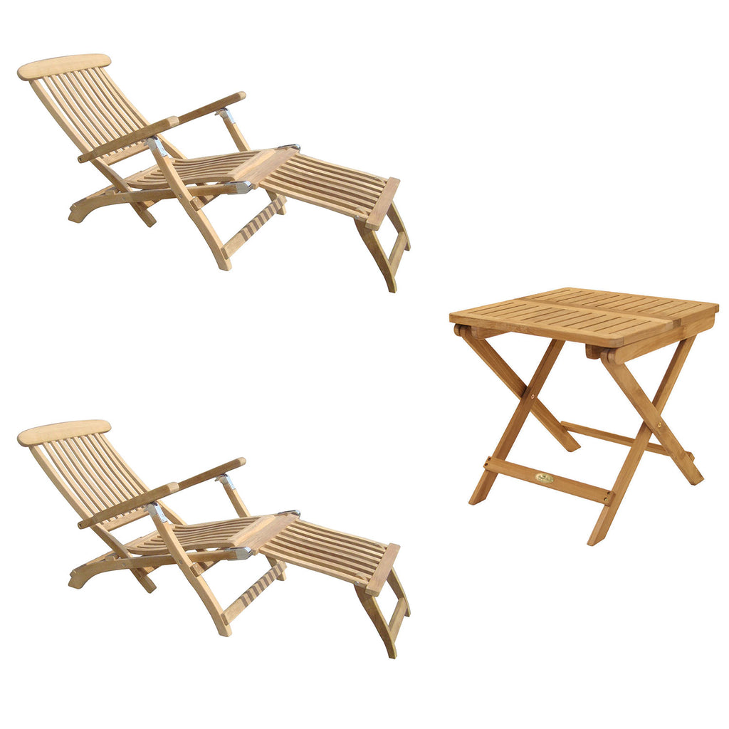 Royal Teak Collection P136 3-Piece Teak Patio Conversation Set with Steamer Loungers & 20-Inch Square Folding Picnic Table