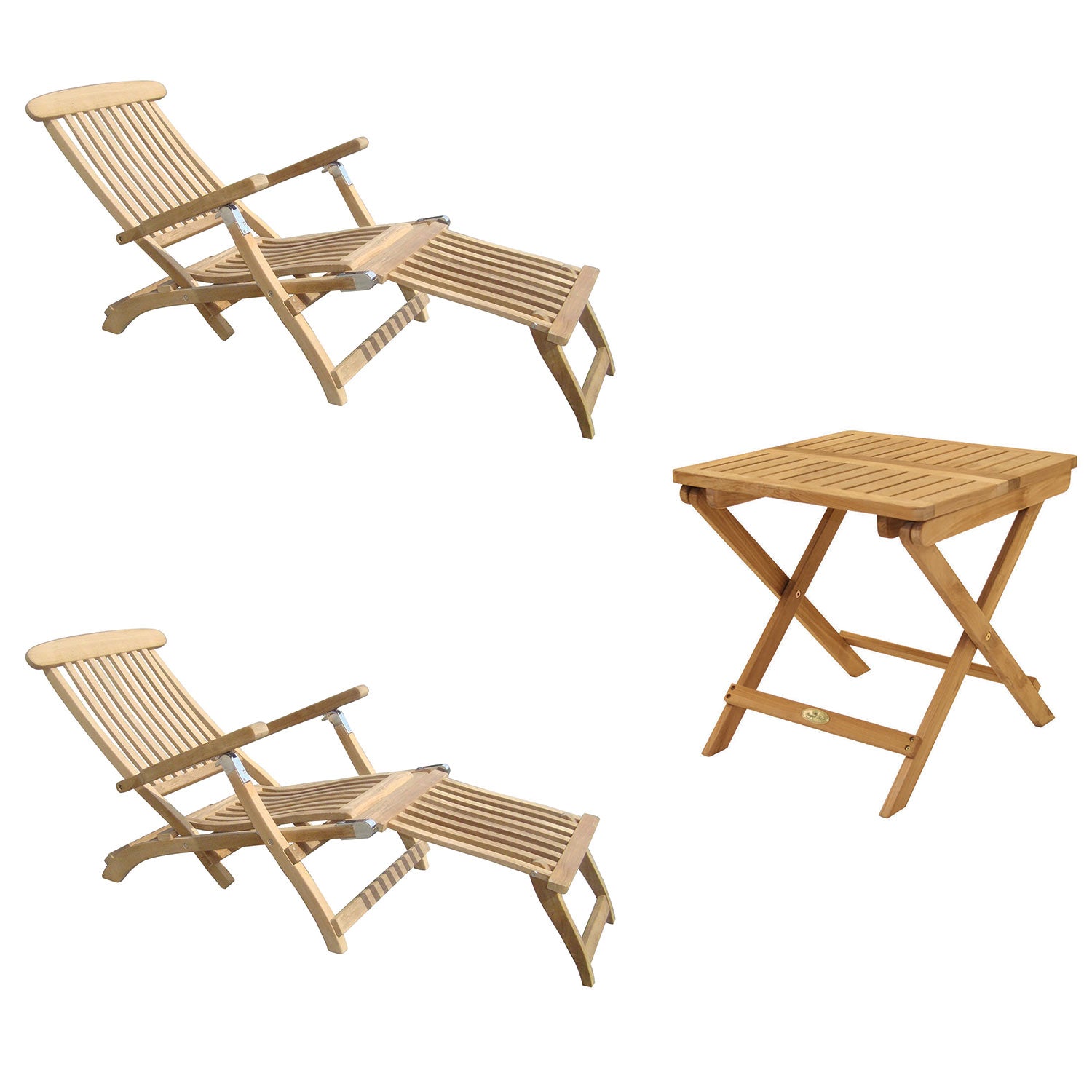 Royal Teak Collection P136 3-Piece Teak Patio Conversation Set with Steamer Loungers & 20-Inch Square Folding Picnic Table