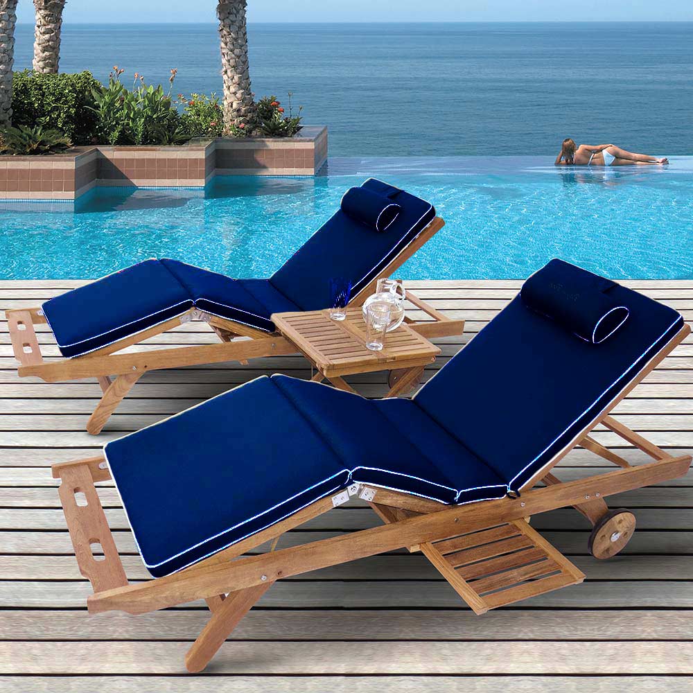 Royal Teak Collection P143 3-Piece Teak Patio Conversation Set with Sun Bed Loungers & 20-Inch Square Folding Picnic Table