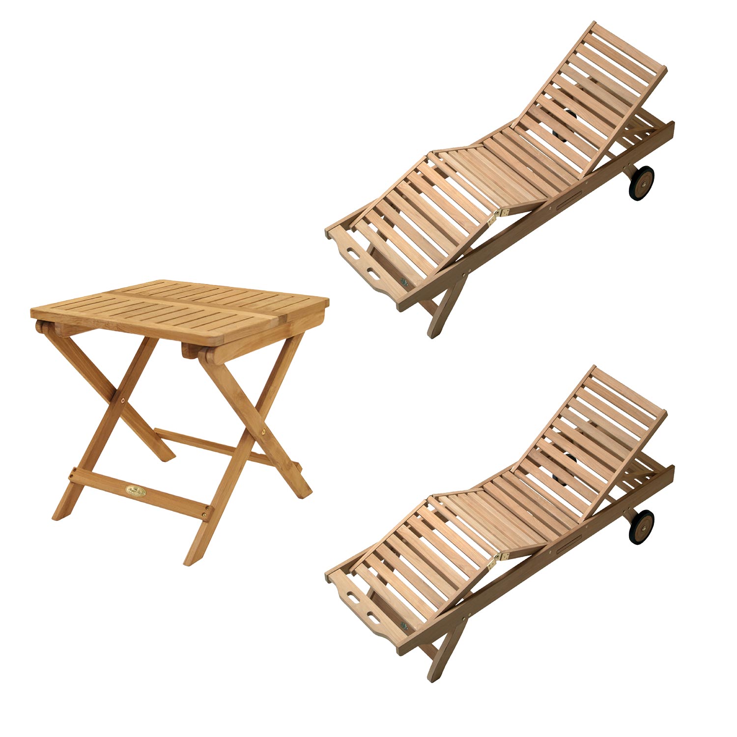 Royal Teak Collection P143 3-Piece Teak Patio Conversation Set with Sun Bed Loungers & 20-Inch Square Folding Picnic Table